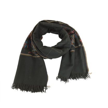 Sanskriti Vintage Black Pure Woollen Shawl Handmade Kantha Long Throw Stole