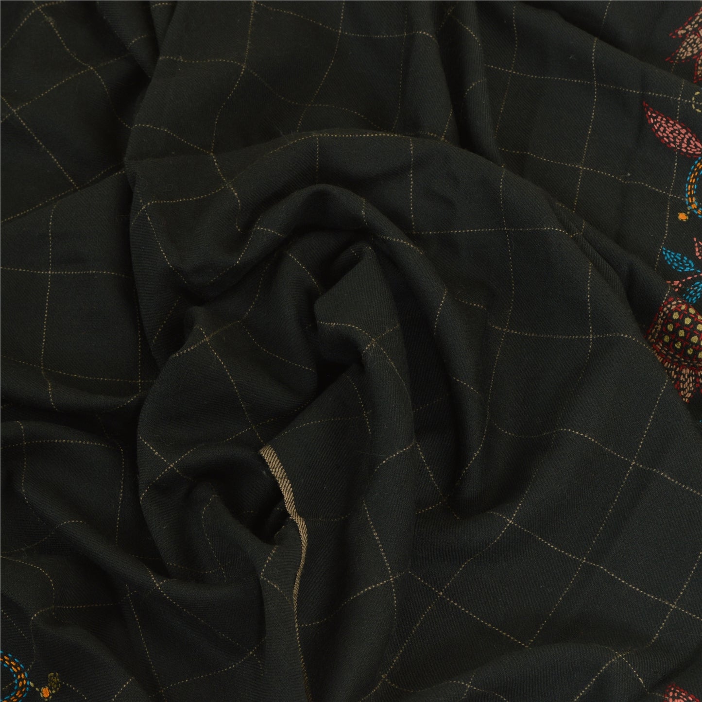 Sanskriti Vintage Black Pure Woollen Shawl Handmade Kantha Long Throw Stole