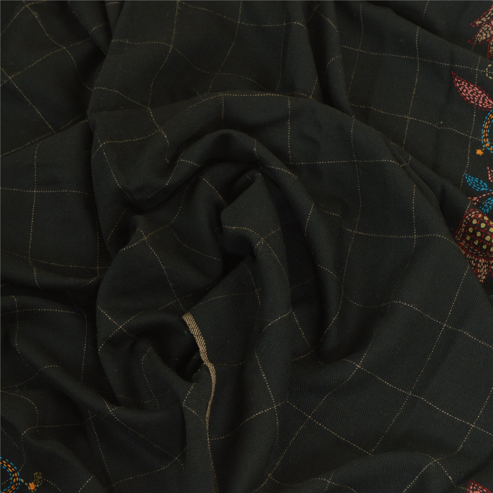 Sanskriti Vintage Black Pure Woollen Shawl Handmade Kantha Long Throw Stole