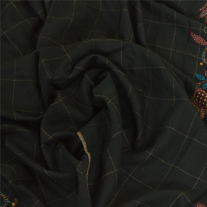 Sanskriti Vintage Black Pure Woollen Shawl Handmade Kantha Long Throw Stole