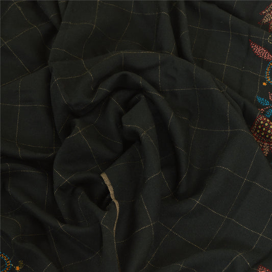 Sanskriti Vintage Black Pure Woollen Shawl Handmade Kantha Long Throw Stole