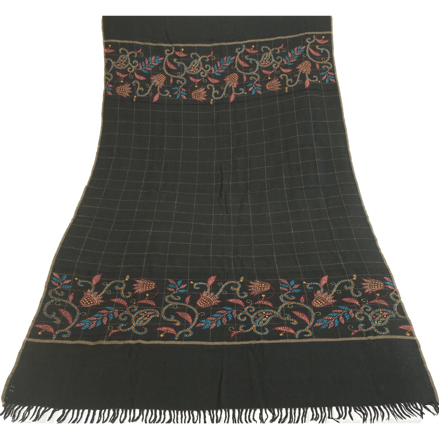 Sanskriti Vintage Black Pure Woollen Shawl Handmade Kantha Long Throw Stole