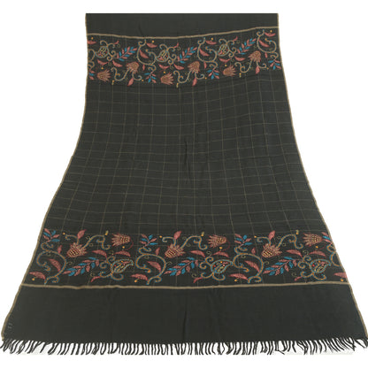 Sanskriti Vintage Black Pure Woollen Shawl Handmade Kantha Long Throw Stole