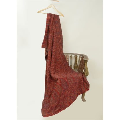 Sanskriti Vintage Red Jamawar Pure Woolen Woven Shawl Long Throw Soft Stole