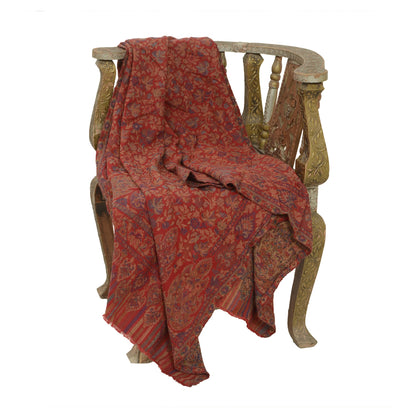 Sanskriti Vintage Red Jamawar Pure Woolen Woven Shawl Long Throw Soft Stole
