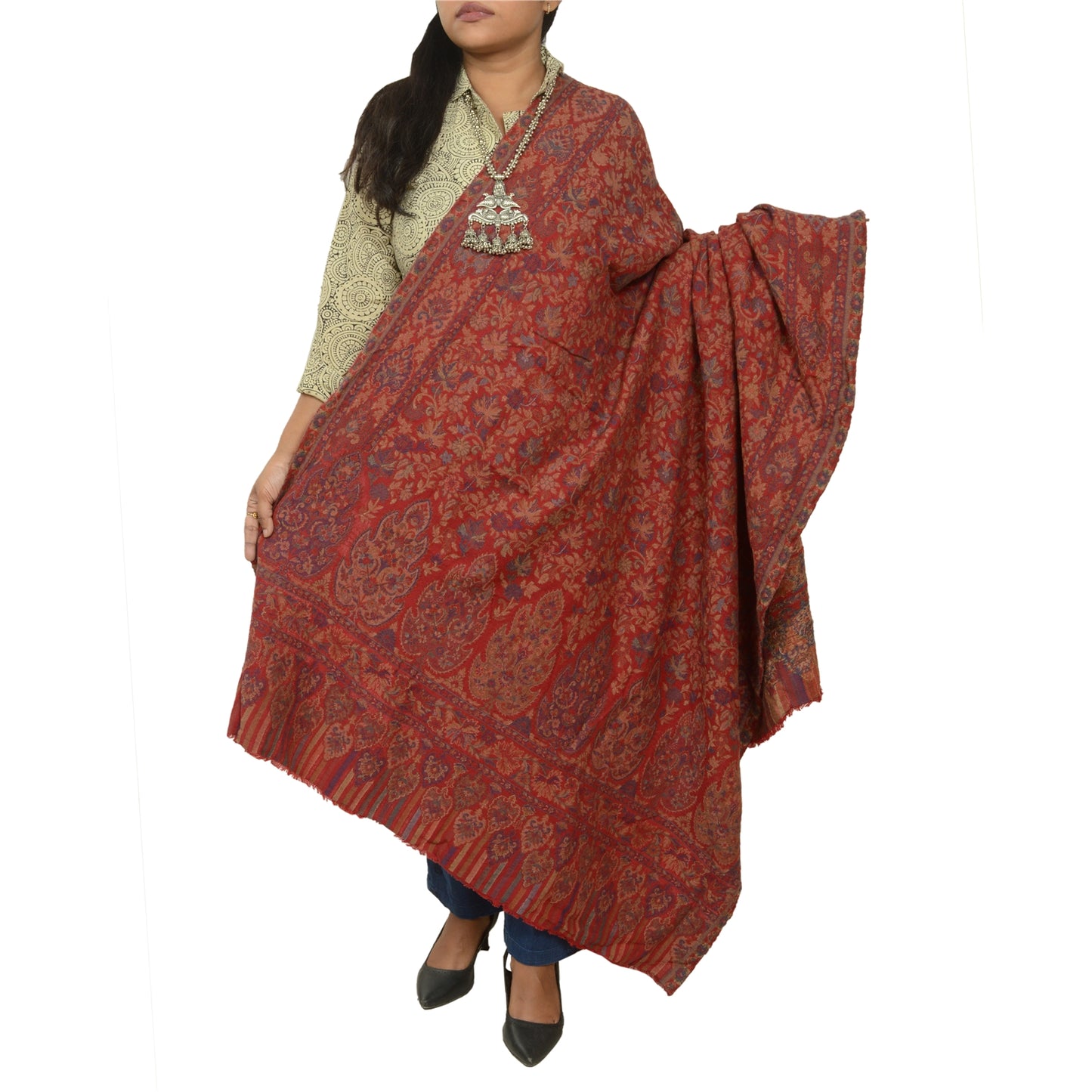 Sanskriti Vintage Red Jamawar Pure Woolen Woven Shawl Long Throw Soft Stole