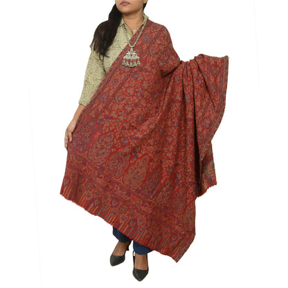 Sanskriti Vintage Red Jamawar Pure Woolen Woven Shawl Long Throw Soft Stole
