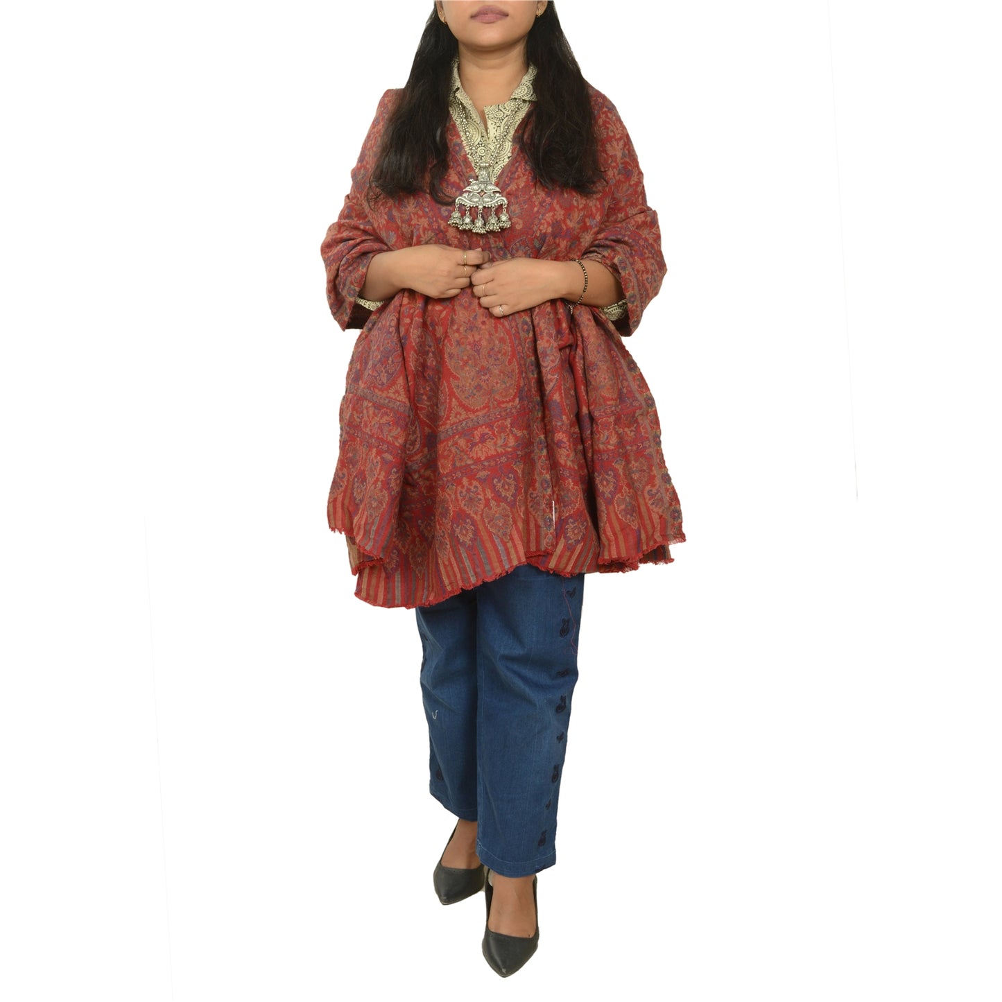 Sanskriti Vintage Red Jamawar Pure Woolen Woven Shawl Long Throw Soft Stole