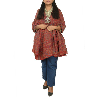 Sanskriti Vintage Red Jamawar Pure Woolen Woven Shawl Long Throw Soft Stole