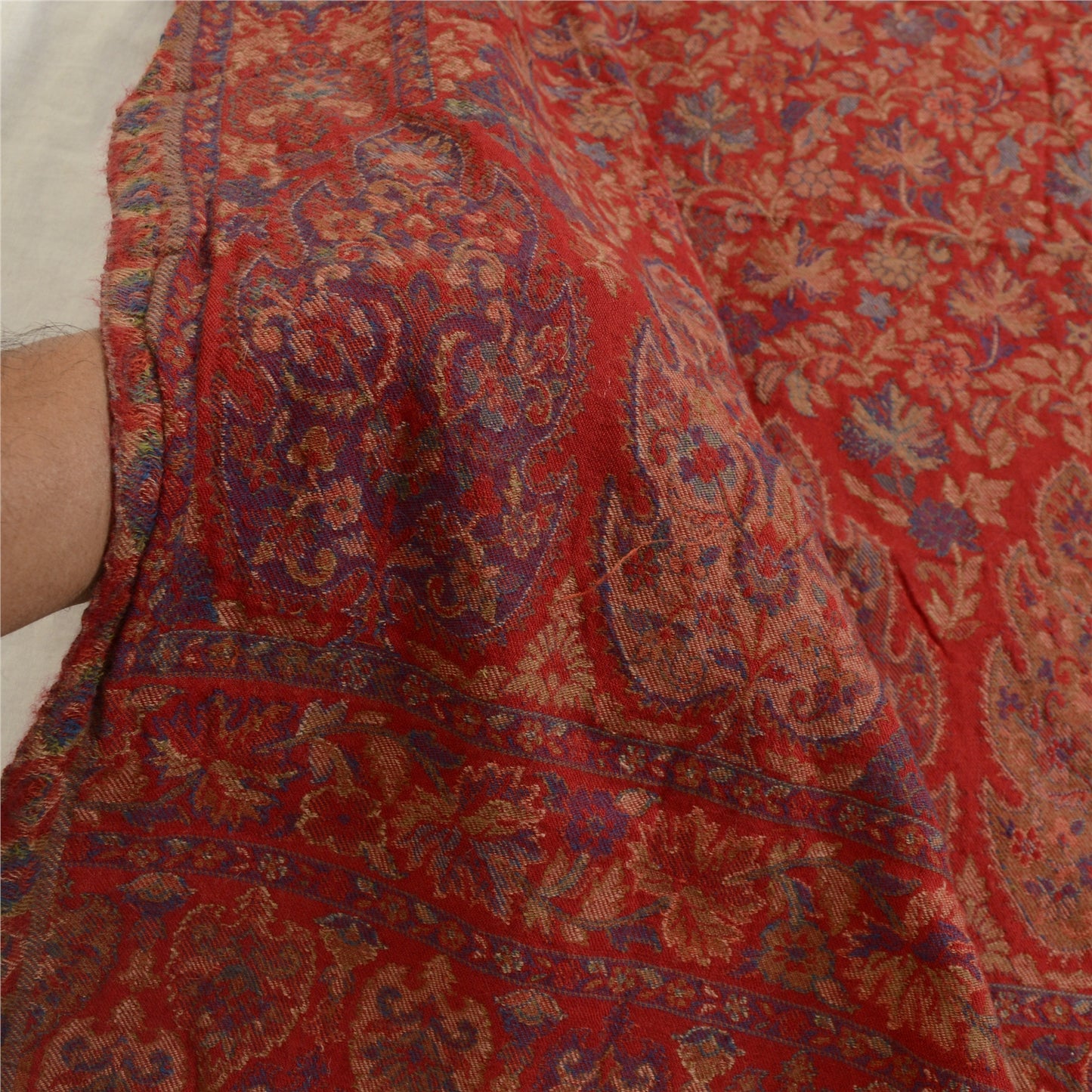 Sanskriti Vintage Red Jamawar Pure Woolen Woven Shawl Long Throw Soft Stole