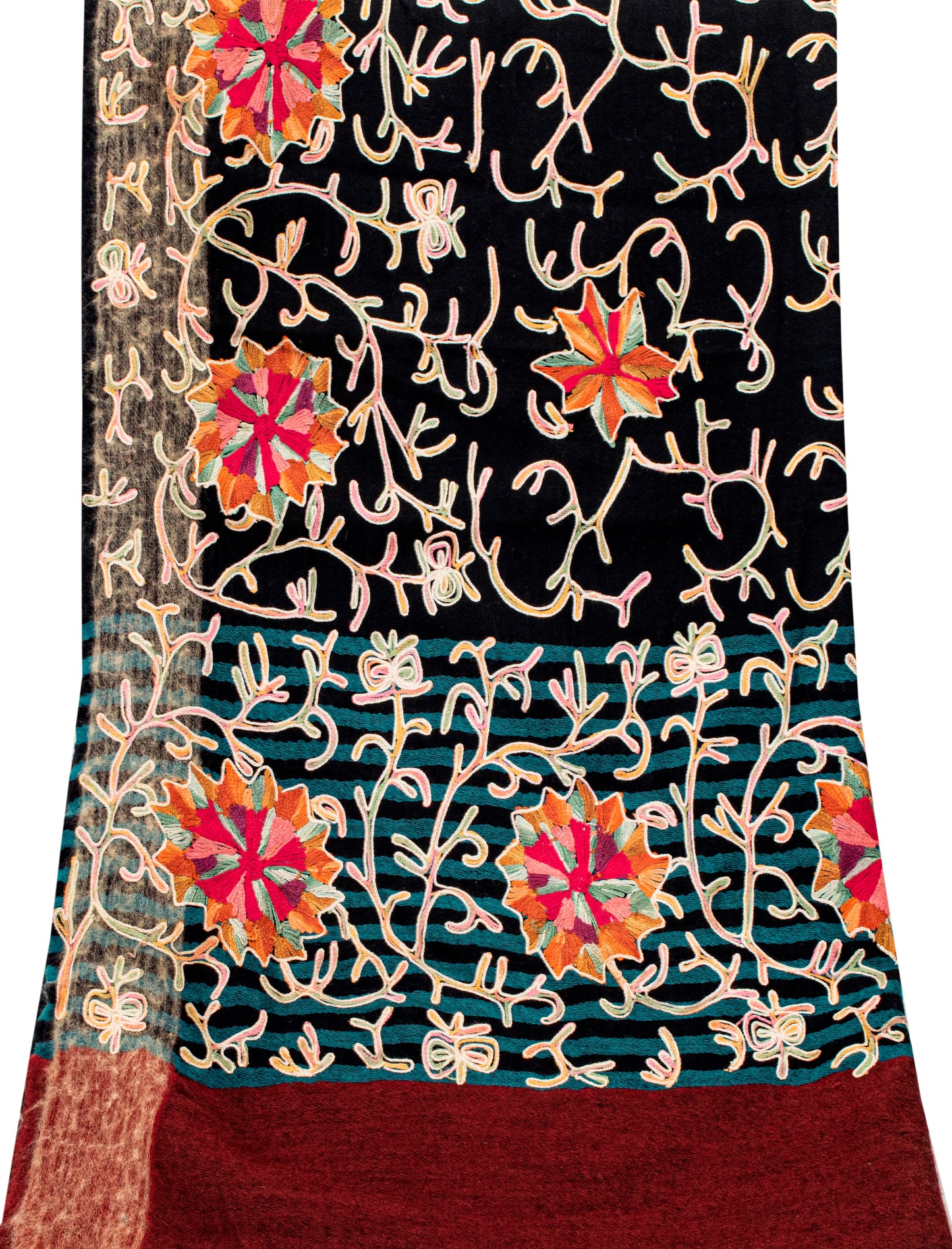 Sanskriti Vintage Black Long Pure Woolen Shawl Handmade Ari Kashmiri Head Scarf