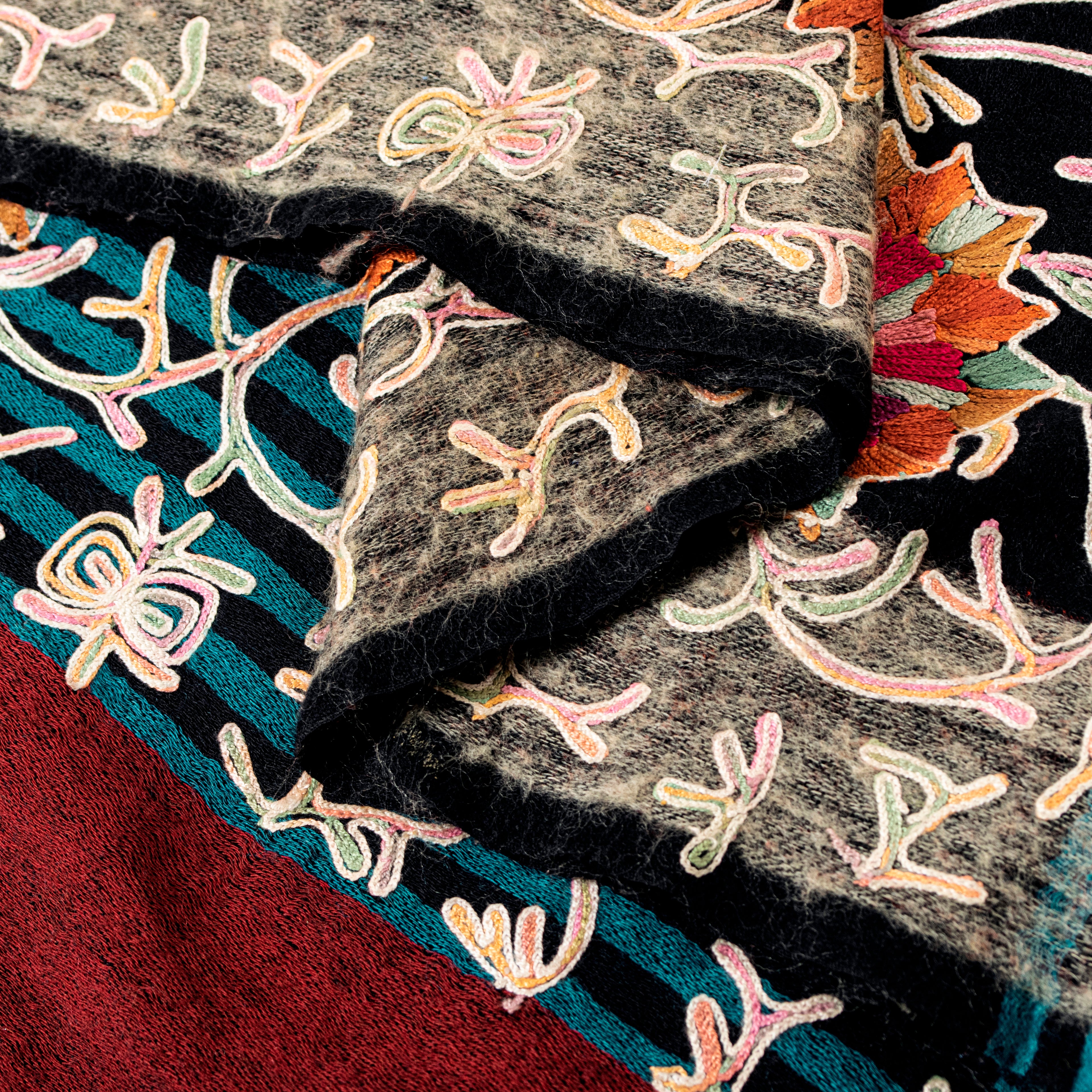 Sanskriti Vintage Black Long Pure Woolen Shawl Handmade Ari Kashmiri Head Scarf