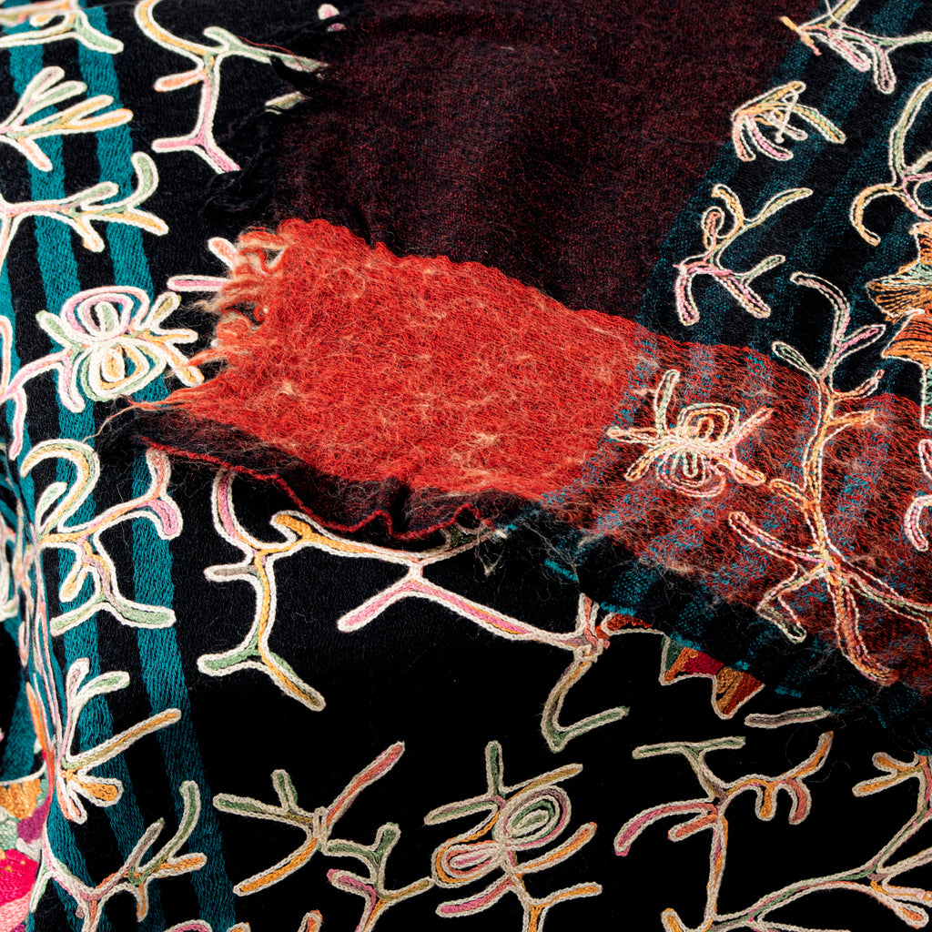 Sanskriti Vintage Black Long Pure Woolen Shawl Handmade Ari Kashmiri Head Scarf