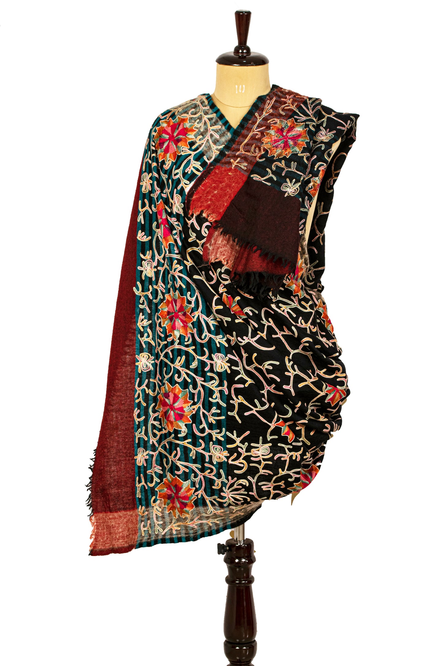 Sanskriti Vintage Black Long Pure Woolen Shawl Handmade Ari Kashmiri Head Scarf