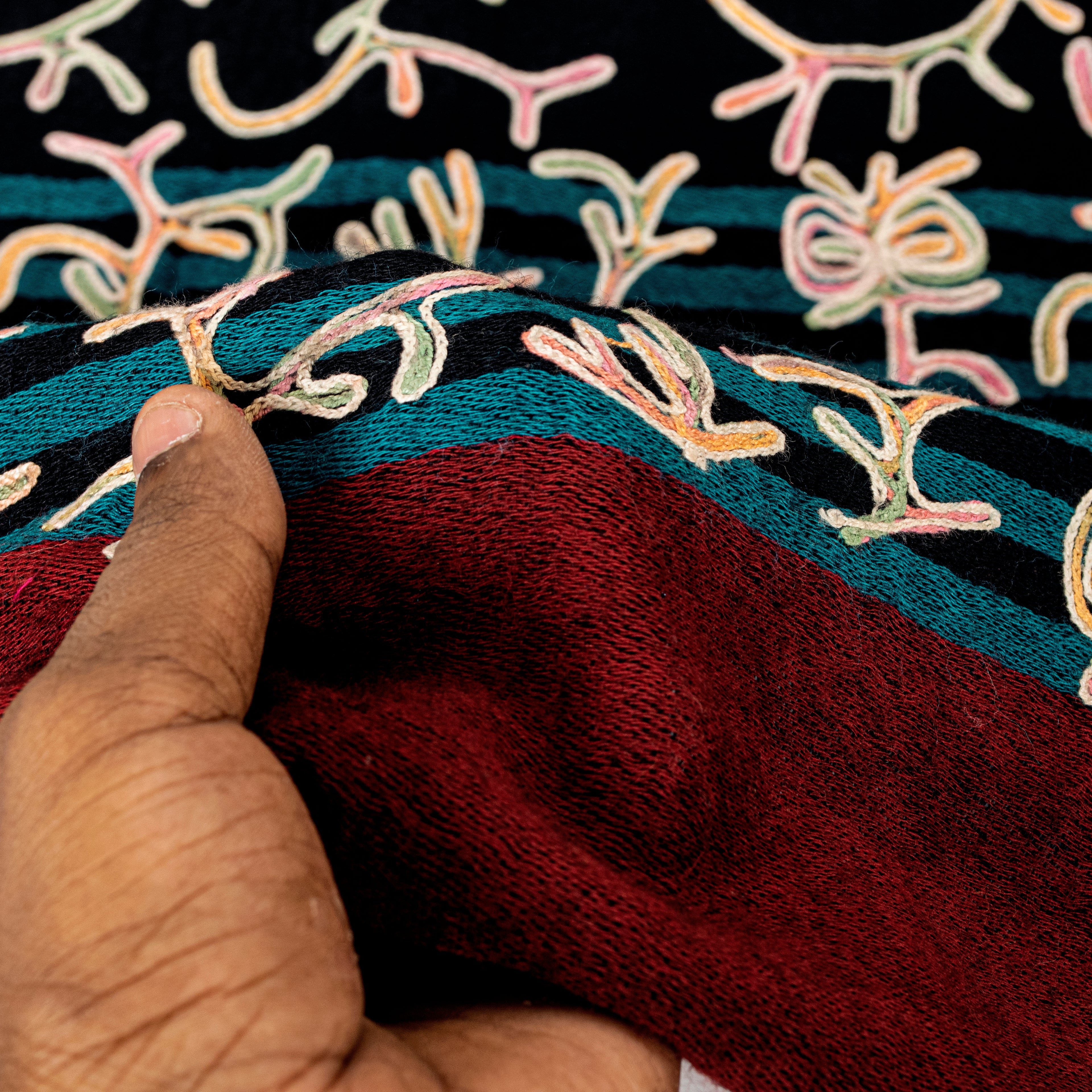 Sanskriti Vintage Black Long Pure Woolen Shawl Handmade Ari Kashmiri Head Scarf