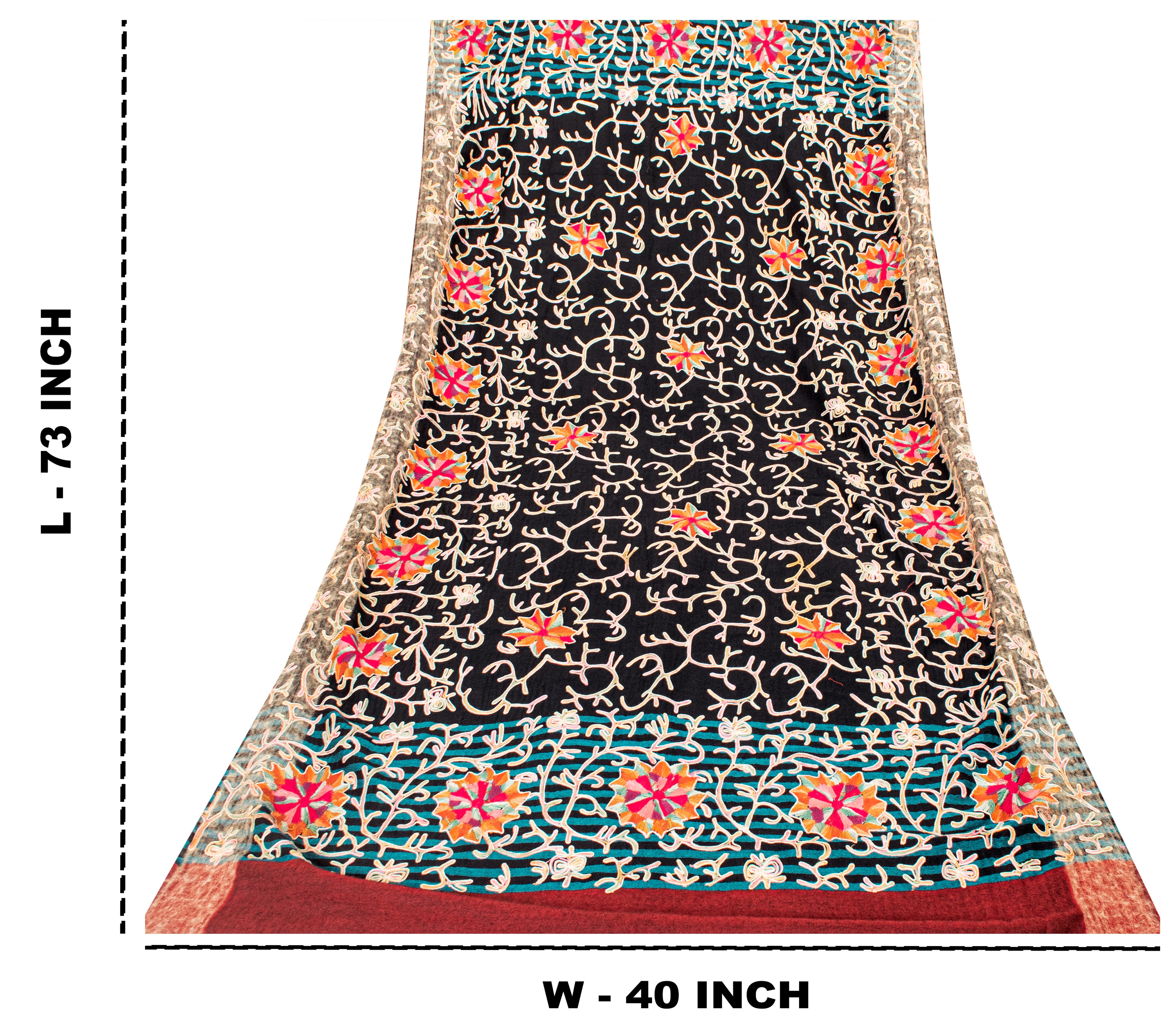 Sanskriti Vintage Black Long Pure Woolen Shawl Handmade Ari Kashmiri Head Scarf