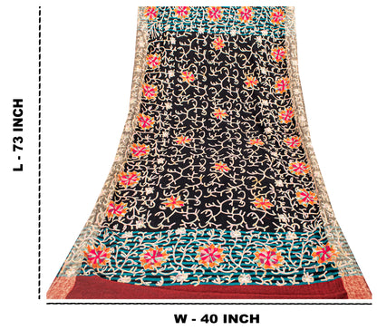 Sanskriti Vintage Black Long Pure Woolen Shawl Handmade Ari Kashmiri Head Scarf