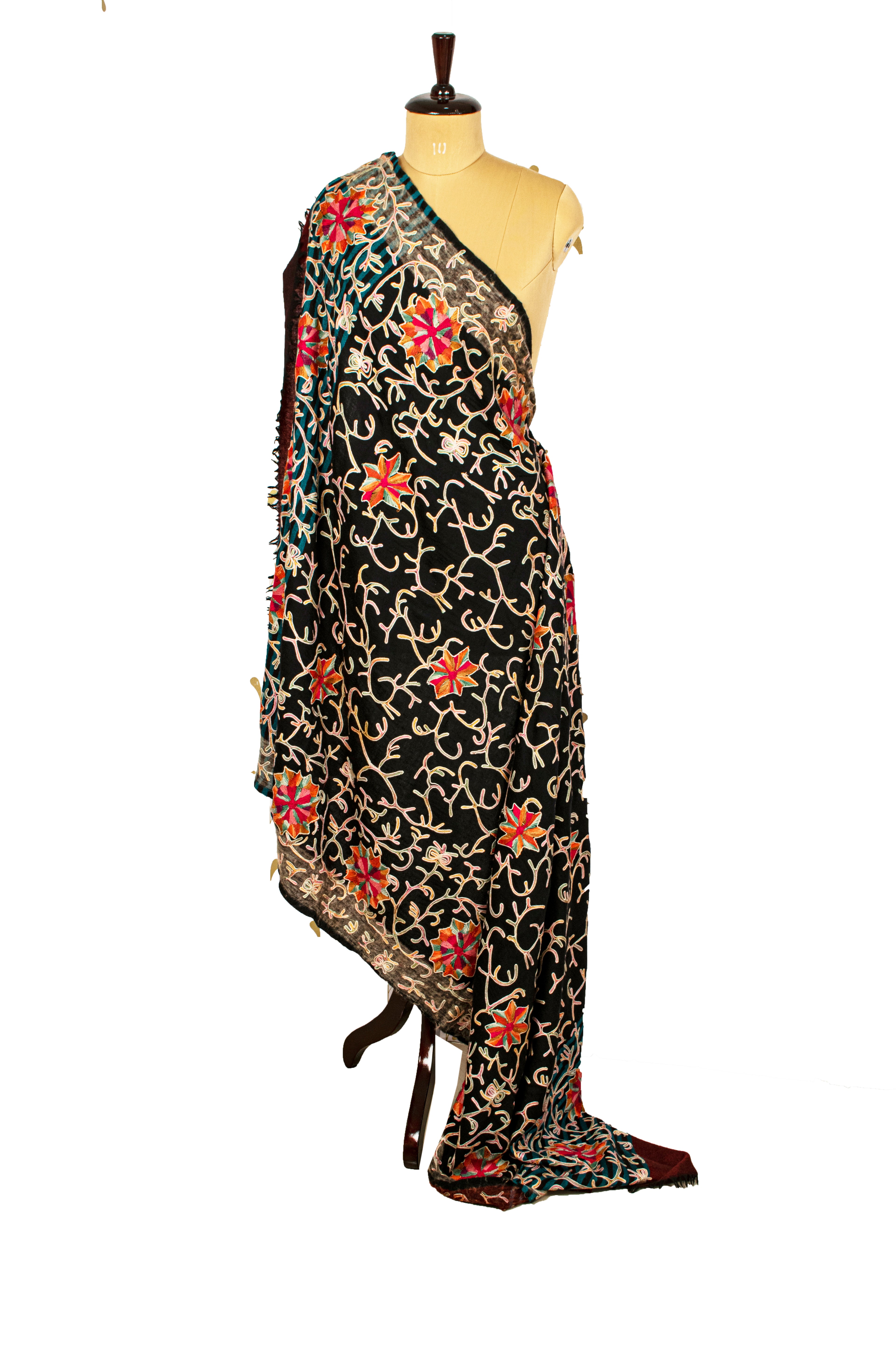 Sanskriti Vintage Black Long Pure Woolen Shawl Handmade Ari Kashmiri Head Scarf