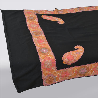 Sanskriti Vintage Black Long Shawl Pure Woolen Handmade Zari Work Scarf Stole