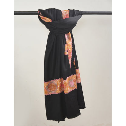 Sanskriti Vintage Black Long Shawl Pure Woolen Handmade Zari Work Scarf Stole