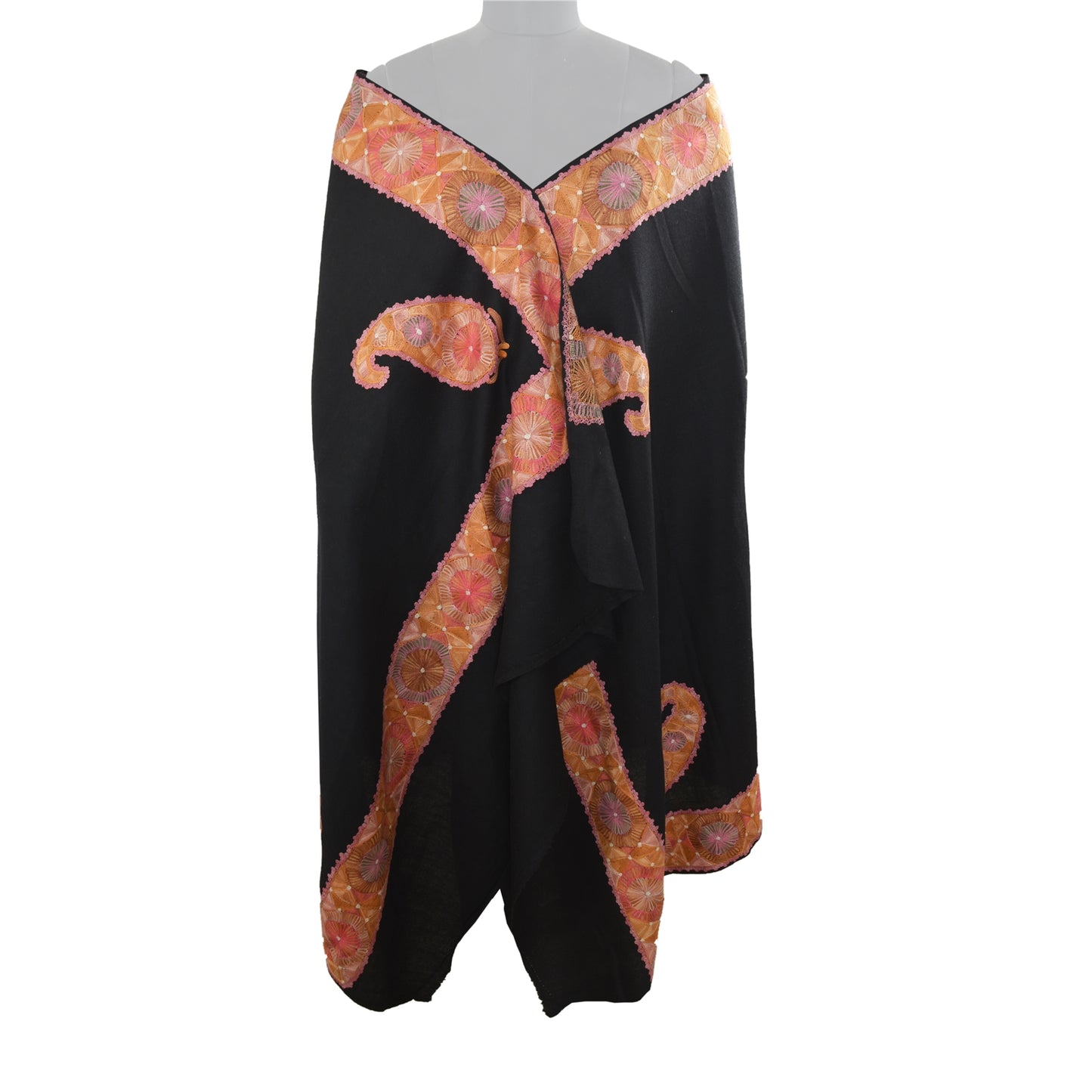 Sanskriti Vintage Black Long Shawl Pure Woolen Handmade Zari Work Scarf Stole
