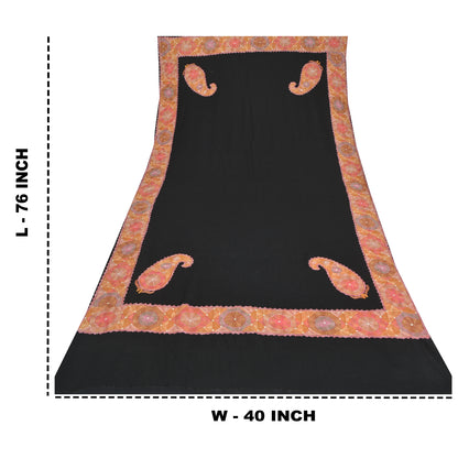 Sanskriti Vintage Black Long Shawl Pure Woolen Handmade Zari Work Scarf Stole