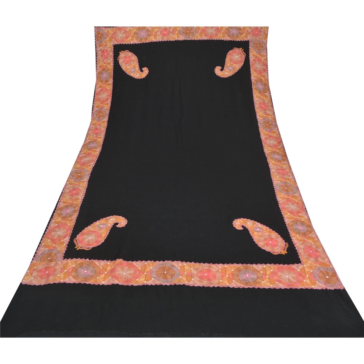 Sanskriti Vintage Black Long Shawl Pure Woolen Handmade Zari Work Scarf Stole