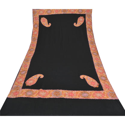 Sanskriti Vintage Black Long Shawl Pure Woolen Handmade Zari Work Scarf Stole