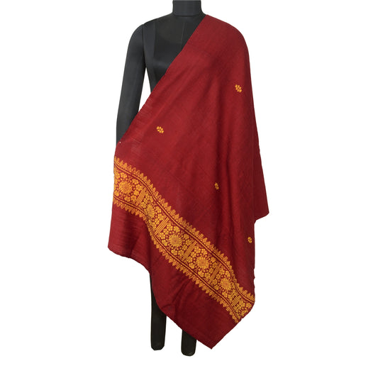 Sanskriti Vintage Long Woollen Red Shawl Hand Embroidered Scarf Throw Stole