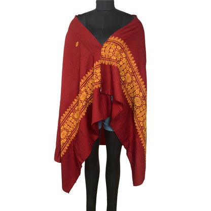 Sanskriti Vintage Long Woollen Red Shawl Hand Embroidered Scarf Throw Stole