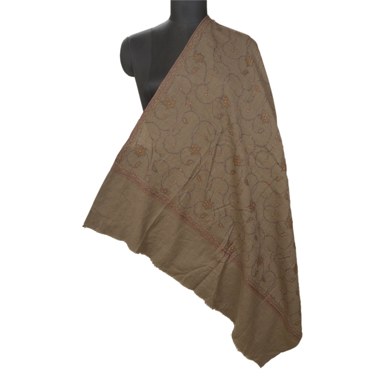 Sanskriti Vintage Long Brown Pure Woolen Shawl Handmade Suzani Scarf Stole