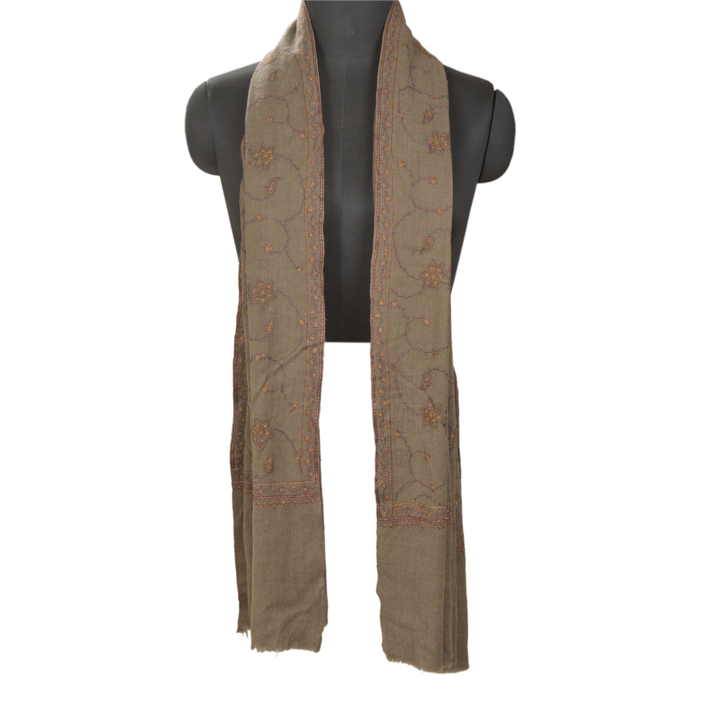 Sanskriti Vintage Long Brown Pure Woolen Shawl Handmade Suzani Scarf Stole