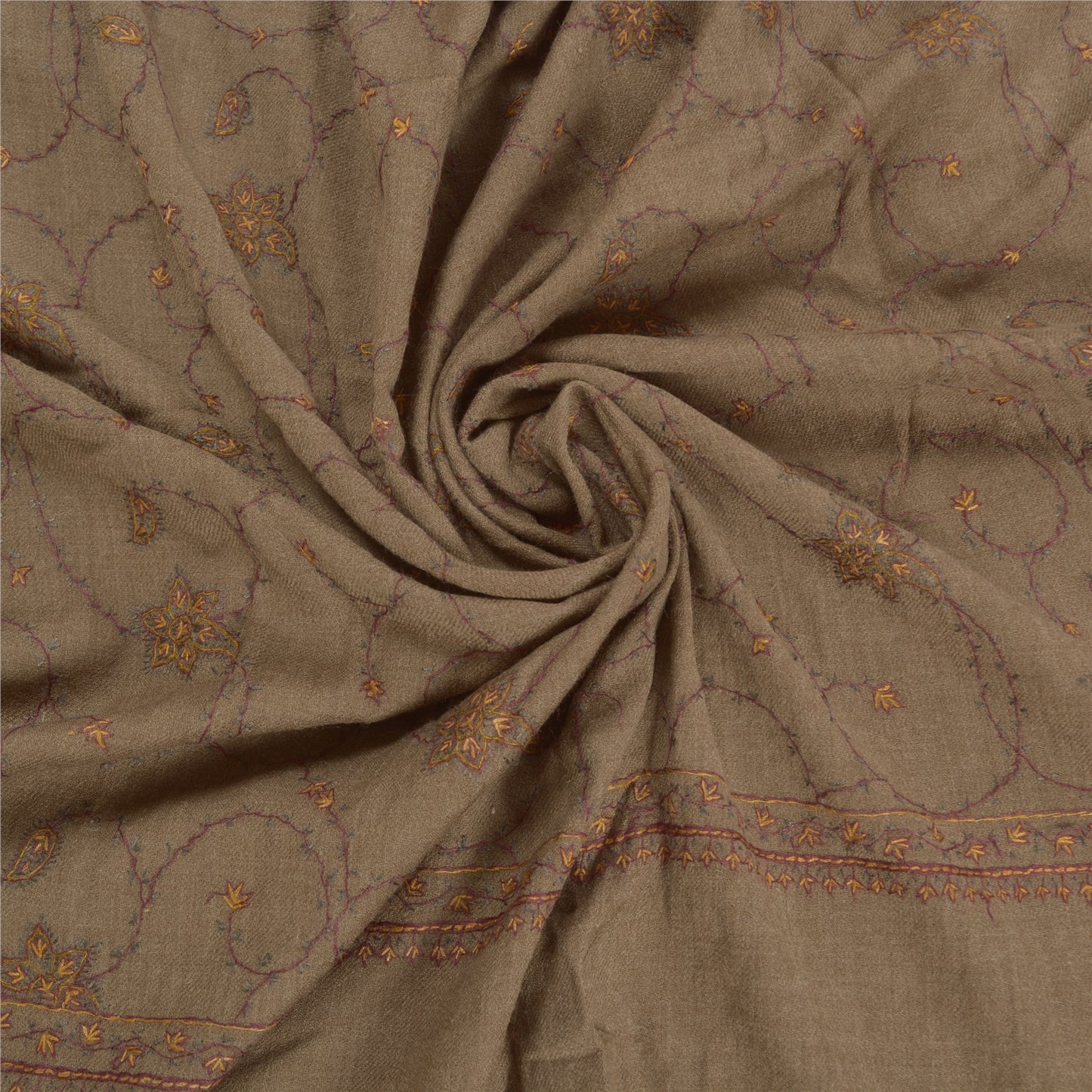 Sanskriti Vintage Long Brown Pure Woolen Shawl Handmade Suzani Scarf Stole