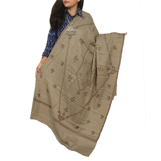 Sanskriti Vintage Long Brown Pure Woollen Shawl Handmade Suzani Scarf Stole
