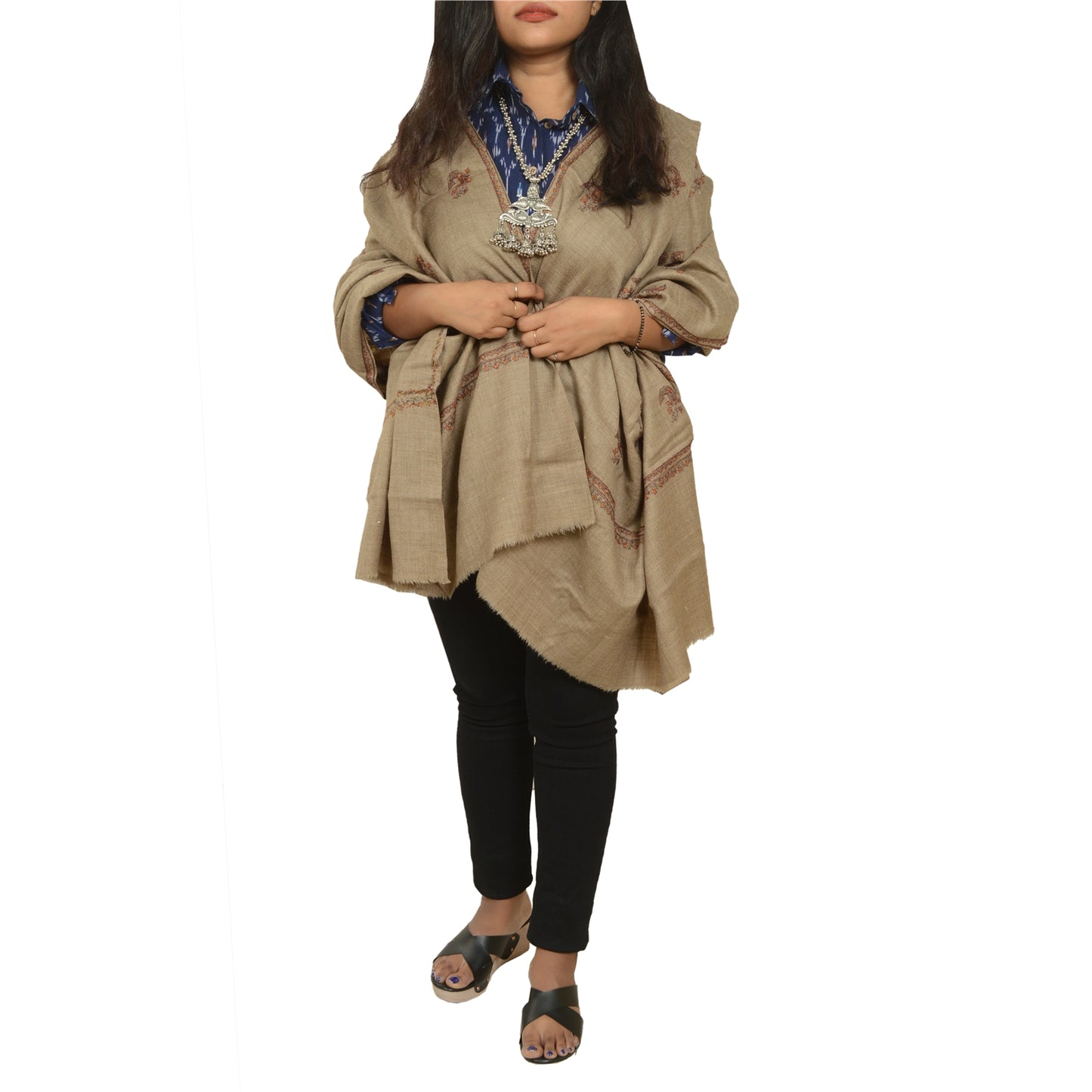 Sanskriti Vintage Long Brown Pure Woollen Shawl Handmade Suzani Scarf Stole