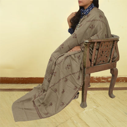 Sanskriti Vintage Long Brown Pure Woollen Shawl Handmade Suzani Scarf Stole