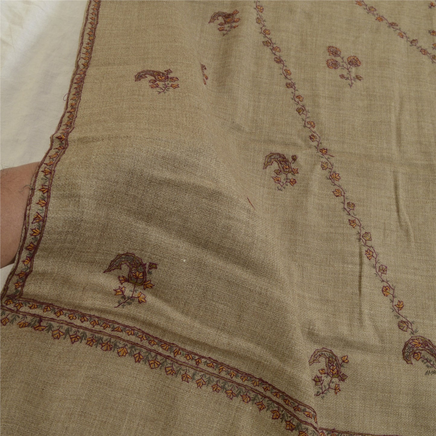 Sanskriti Vintage Long Brown Pure Woollen Shawl Handmade Suzani Scarf Stole