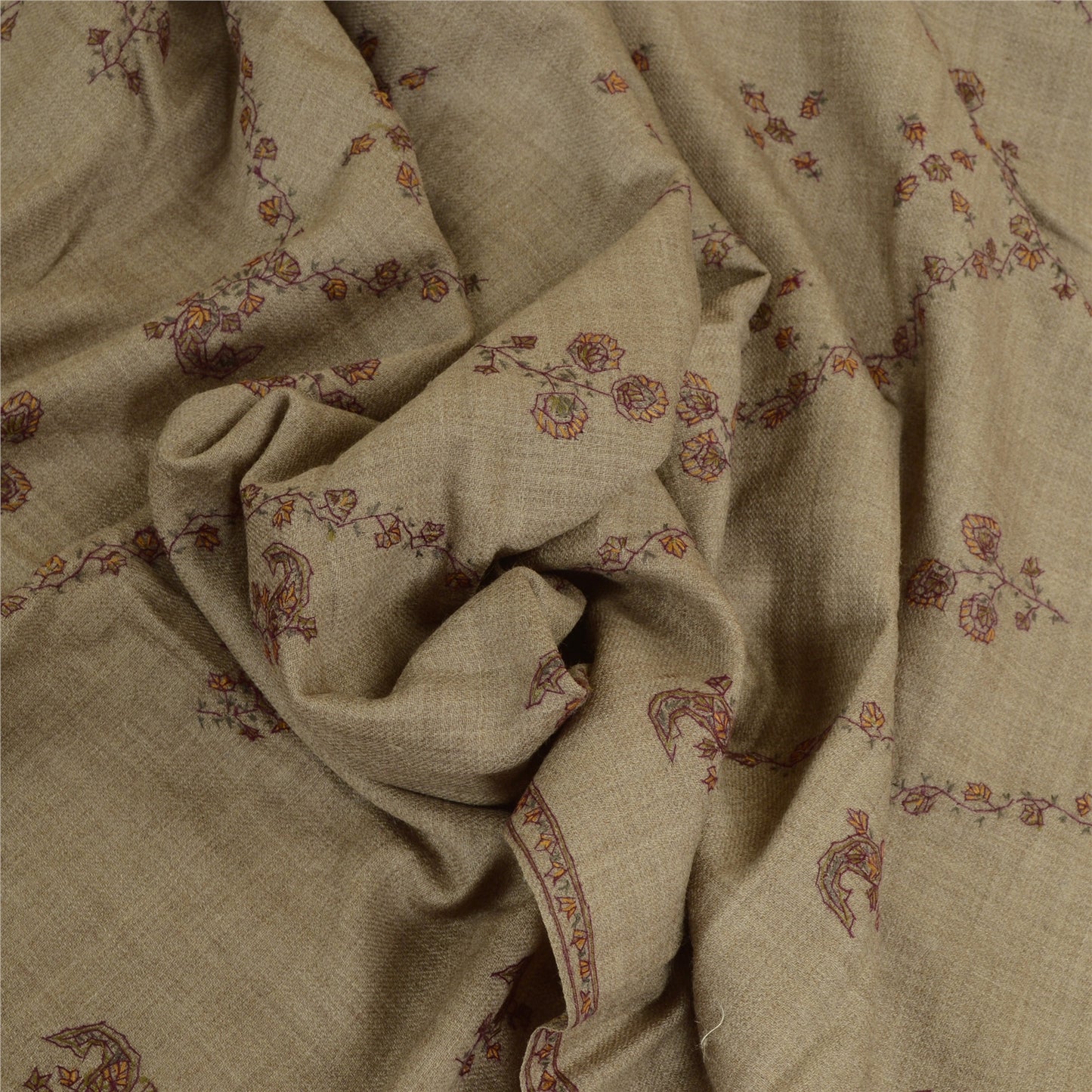 Sanskriti Vintage Long Brown Pure Woollen Shawl Handmade Suzani Scarf Stole