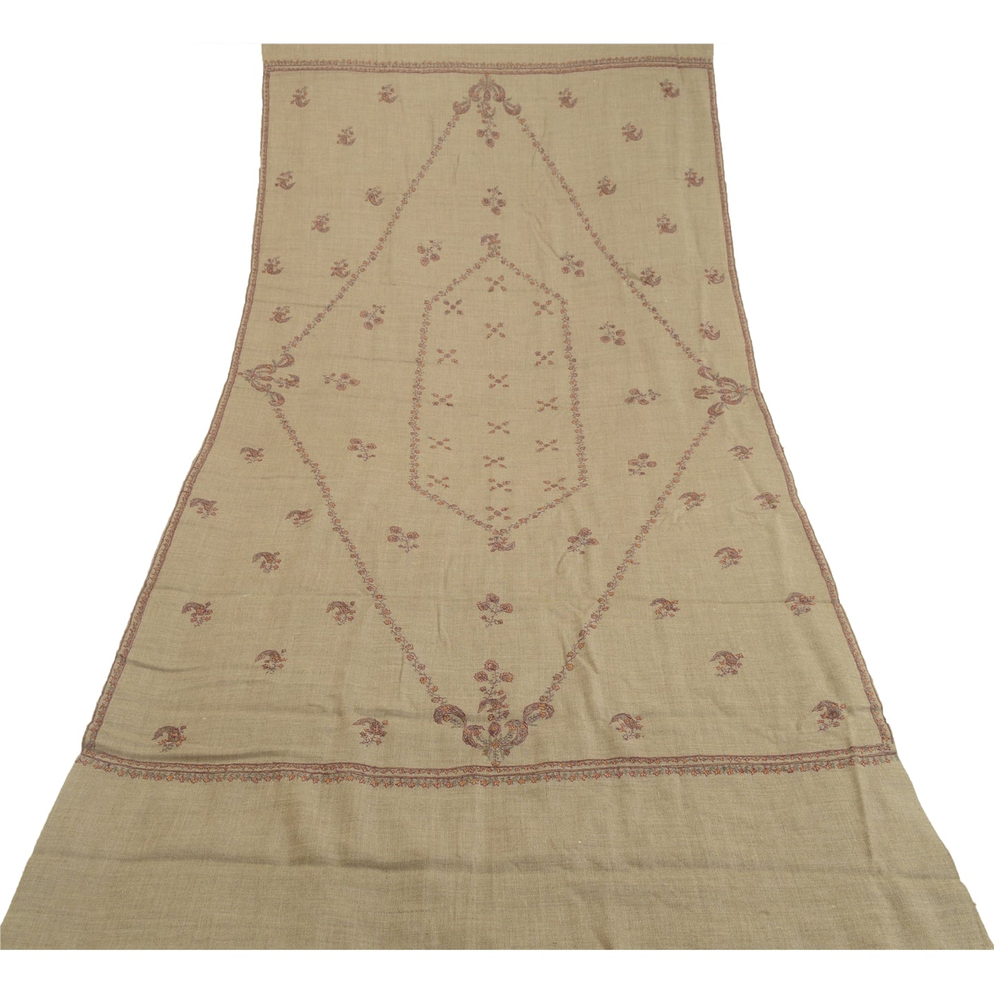 Sanskriti Vintage Long Brown Pure Woollen Shawl Handmade Suzani Scarf Stole