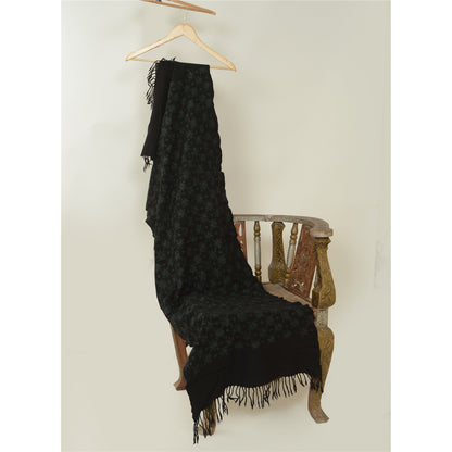 Sanskriti Vintage Long Black Pure Woolen Shawl Handmade Ari Work Scarf Stole