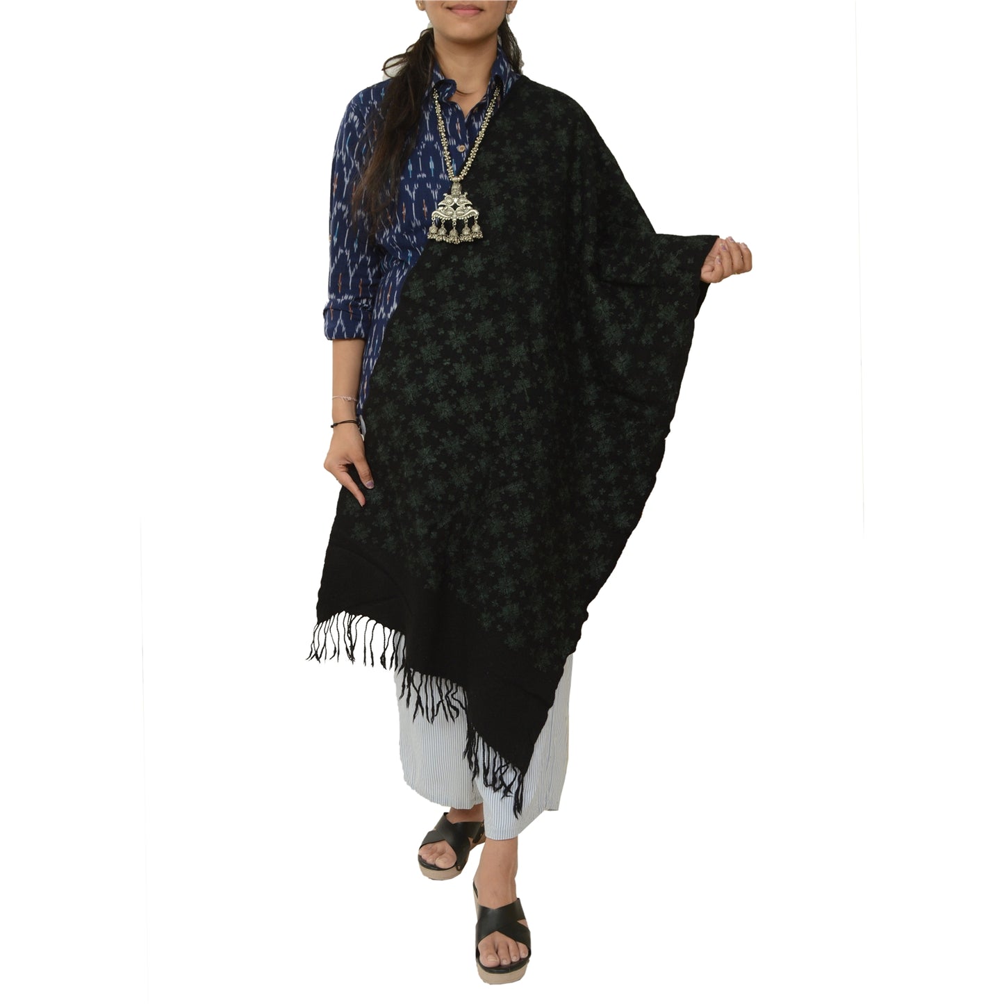 Sanskriti Vintage Long Black Pure Woolen Shawl Handmade Ari Work Scarf Stole