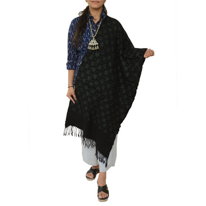 Sanskriti Vintage Long Black Pure Woolen Shawl Handmade Ari Work Scarf Stole