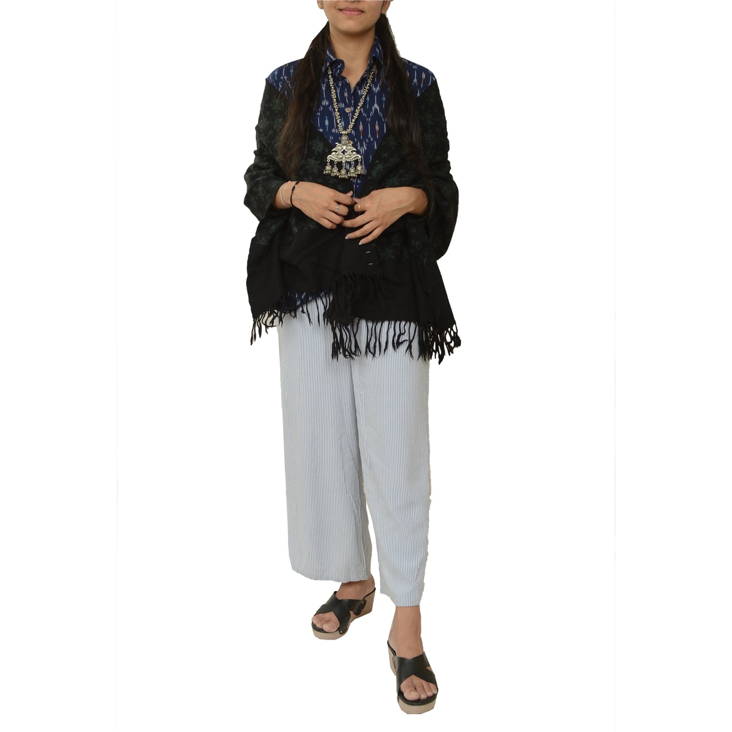 Sanskriti Vintage Long Black Pure Woolen Shawl Handmade Ari Work Scarf Stole