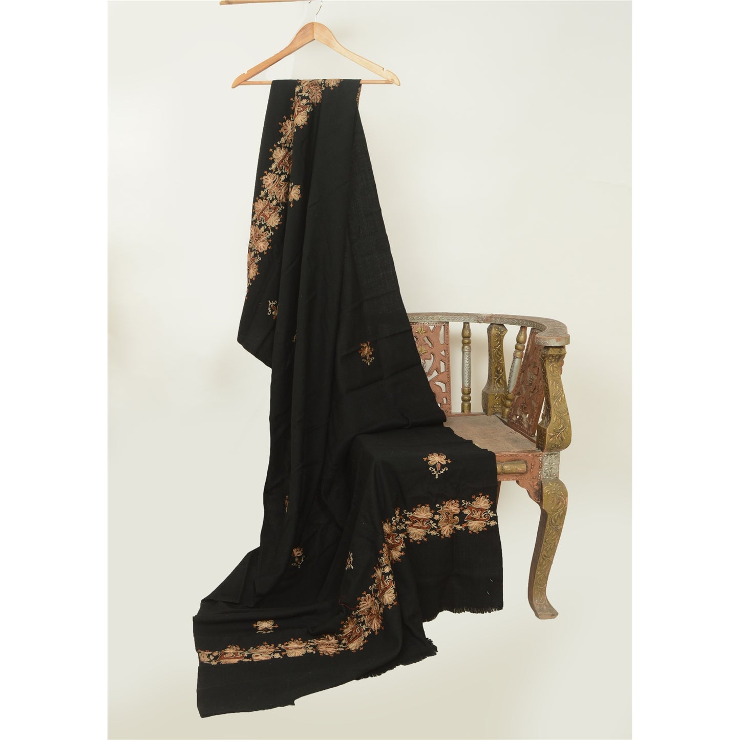 Sanskriti Vintage Long Black Pure Woollen Shawl Hand Embroidered Scarf Stole