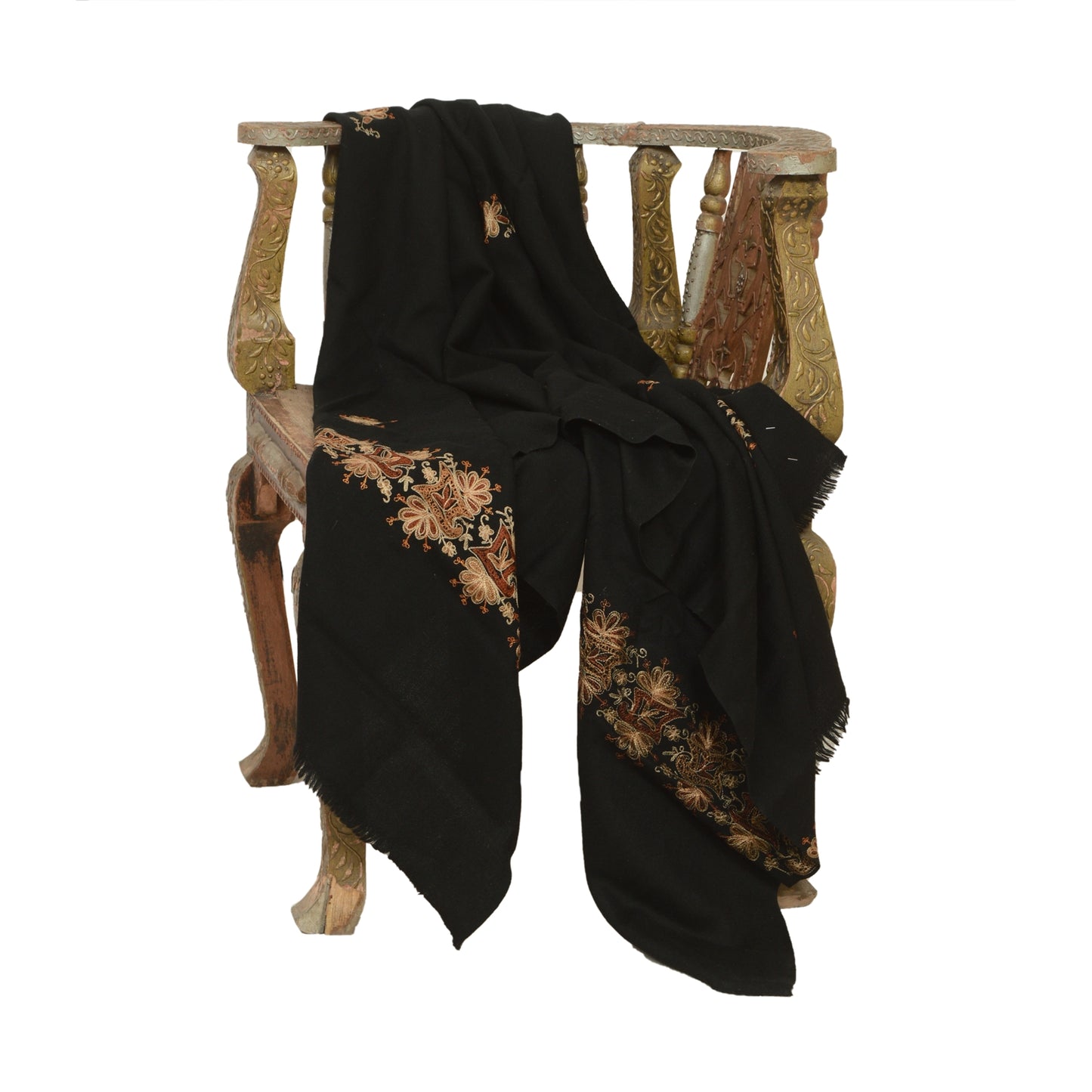 Sanskriti Vintage Long Black Pure Woollen Shawl Hand Embroidered Scarf Stole