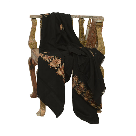 Sanskriti Vintage Long Black Pure Woollen Shawl Hand Embroidered Scarf Stole