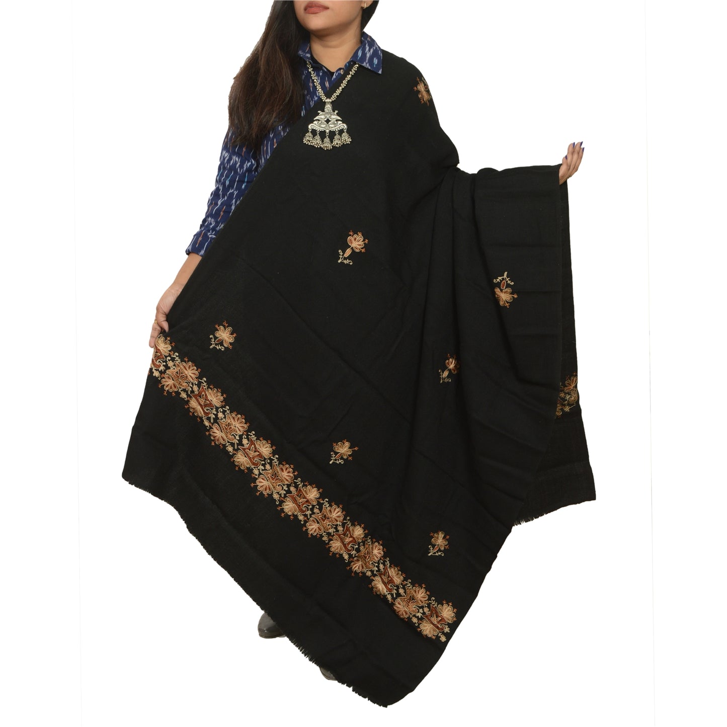 Sanskriti Vintage Long Black Pure Woollen Shawl Hand Embroidered Scarf Stole