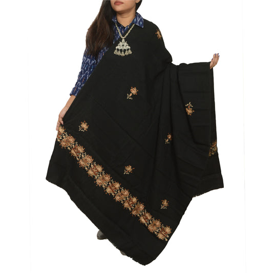 Sanskriti Vintage Long Black Pure Woollen Shawl Hand Embroidered Scarf Stole