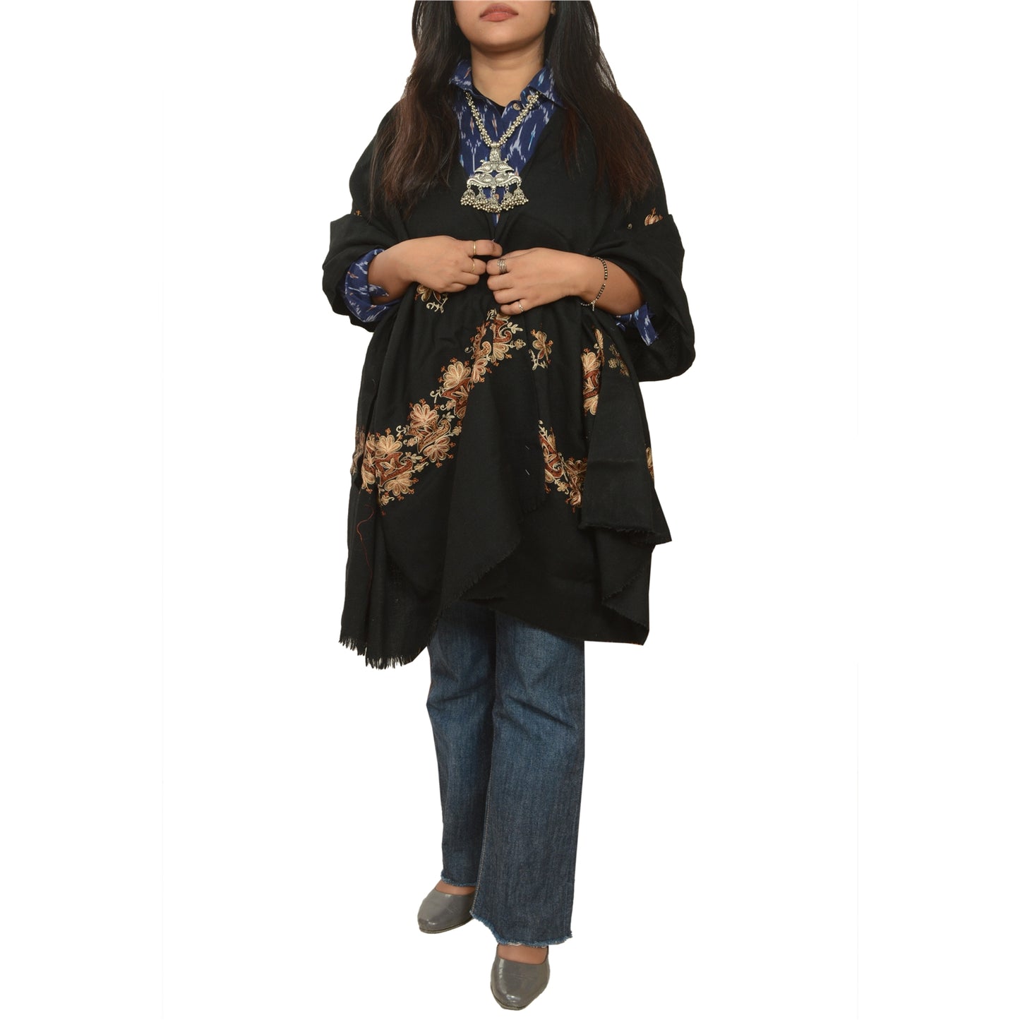 Sanskriti Vintage Long Black Pure Woollen Shawl Hand Embroidered Scarf Stole