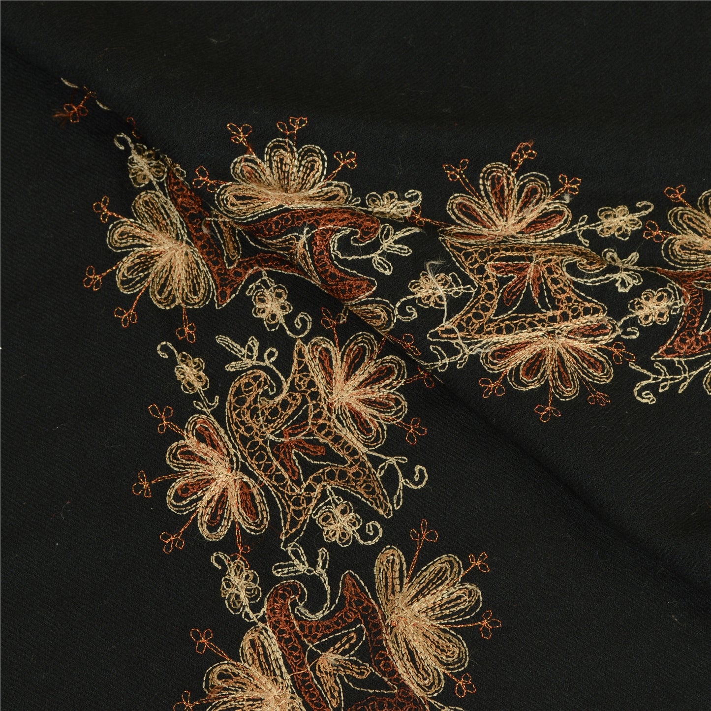 Sanskriti Vintage Long Black Pure Woollen Shawl Hand Embroidered Scarf Stole